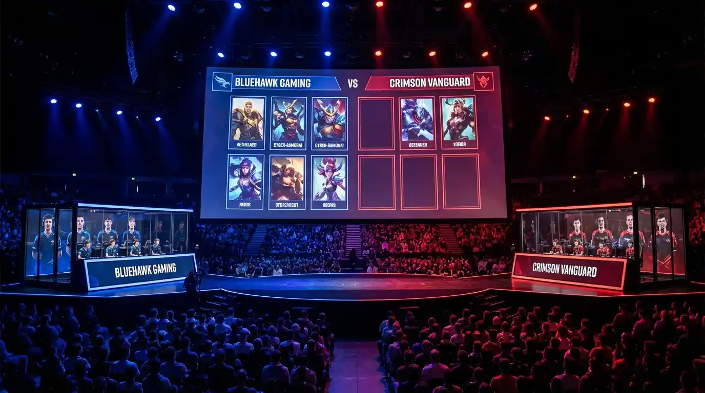 Pantalla de selección de héroes en la fase de draft de un partido profesional de Dota 2