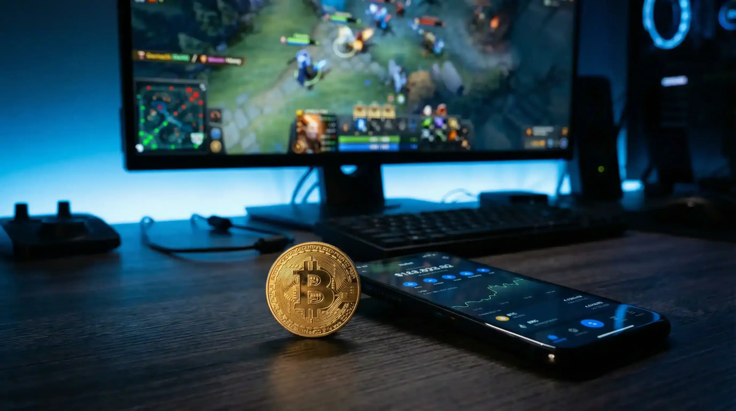 Moneda de Bitcoin junto a un monitor mostrando un partido de Dota 2 con interfaz de apuestas