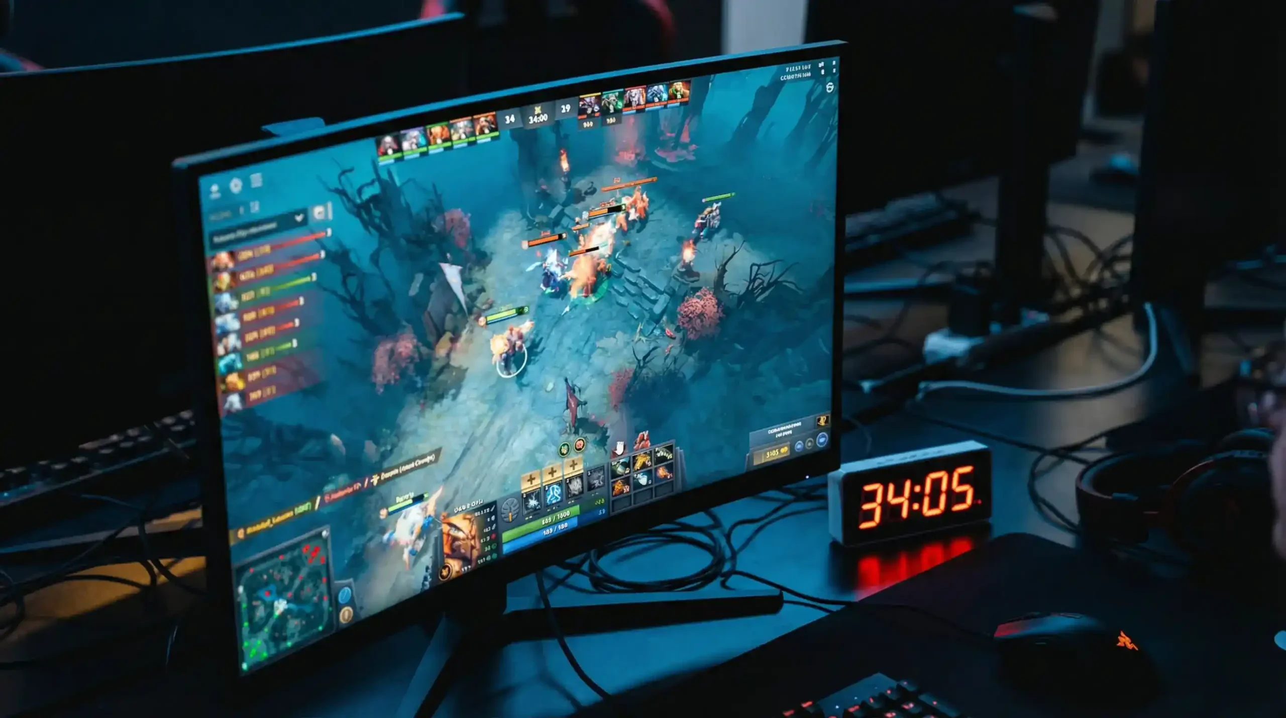 Reloj digital junto a una pantalla de Dota 2 mostrando el tiempo de partida en directo
