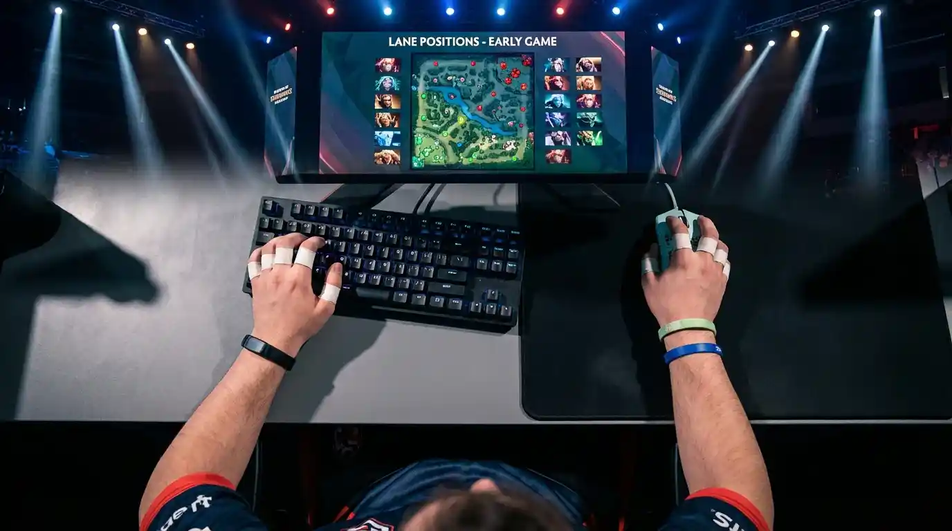 Fase de laning en una partida profesional de Dota 2 con indicador de first blood