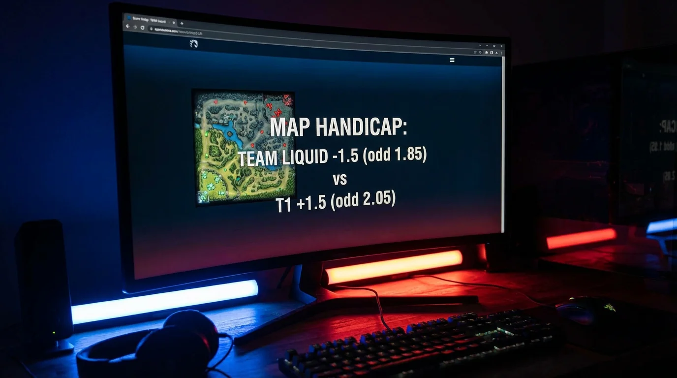 Pantalla de operador mostrando líneas de handicap de mapas en una serie profesional de Dota 2