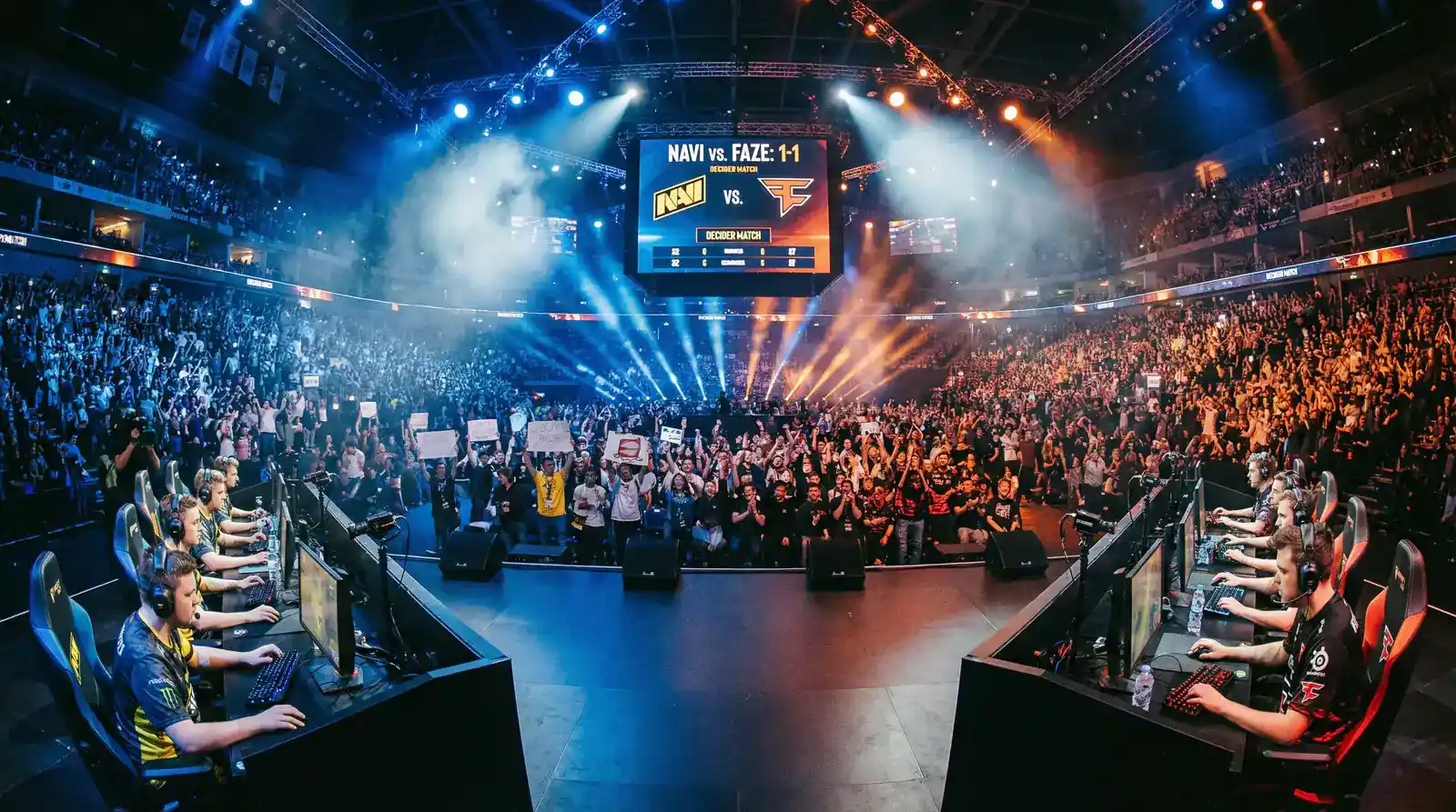 Escenario de torneo de Dota 2 con marcador de serie BO3 entre dos equipos profesionales