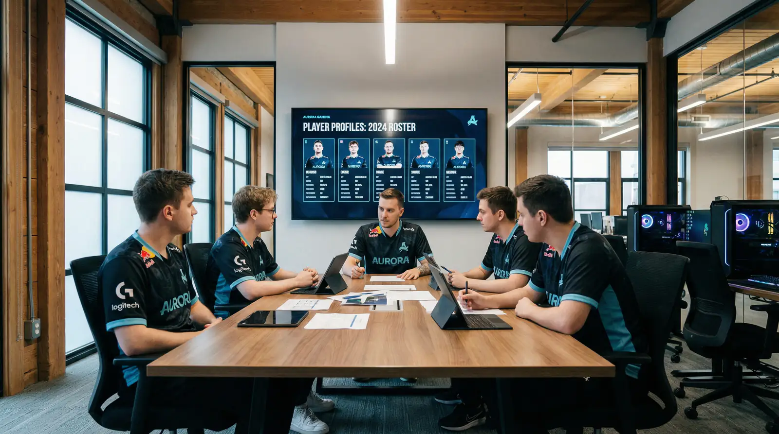 Equipo profesional de esports reunido en una sala de práctica analizando nuevos fichajes