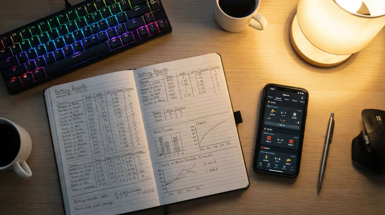 Cuaderno abierto con registros de apuestas en esports junto a un teclado gaming