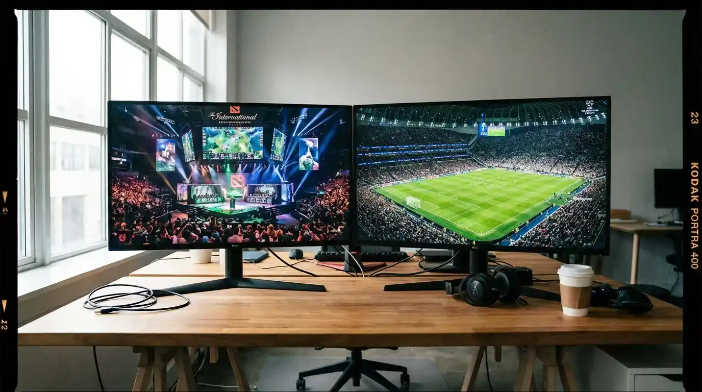 Monitor con torneo de esports junto a una pantalla mostrando un partido de fútbol