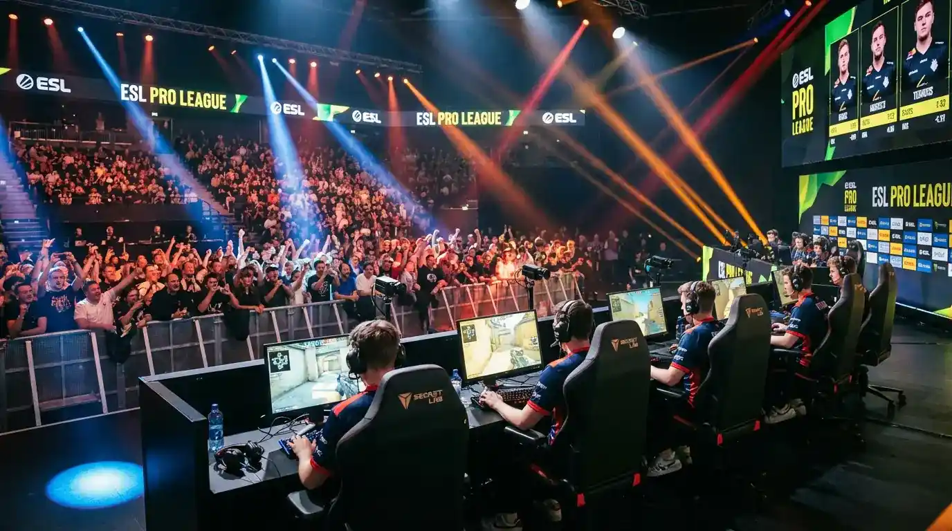 Jugadores profesionales de Dota 2 compitiendo en un escenario LAN con público presente