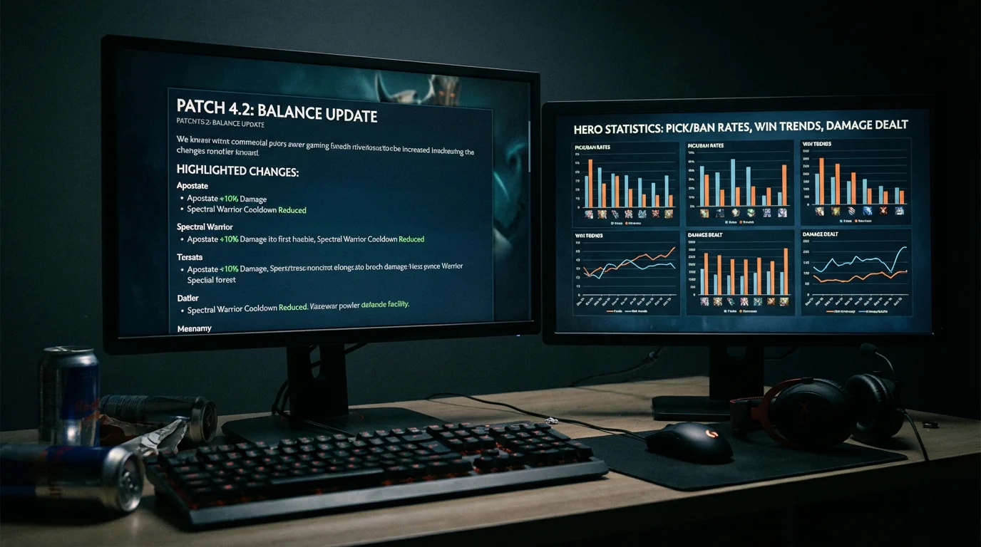 Notas de parche de Dota 2 en pantalla con gráficos de cambio de win rate de héroes
