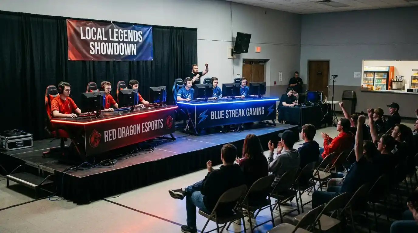 Escenario pequeño de torneo regional de esports con equipos compitiendo en Dota 2
